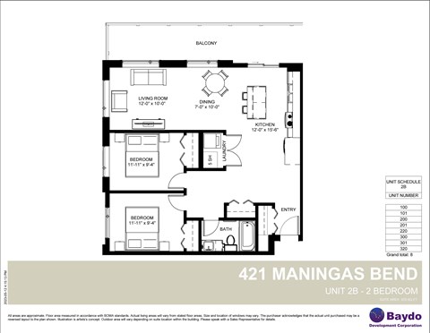 Floor plan for 2 beds, 1 bath, 970 sqft